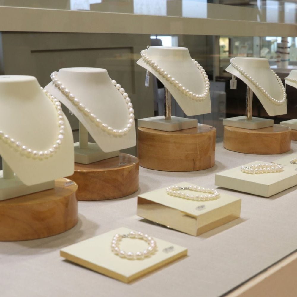 pearl jewellery stands inside the cabinets at isle of wight pearl